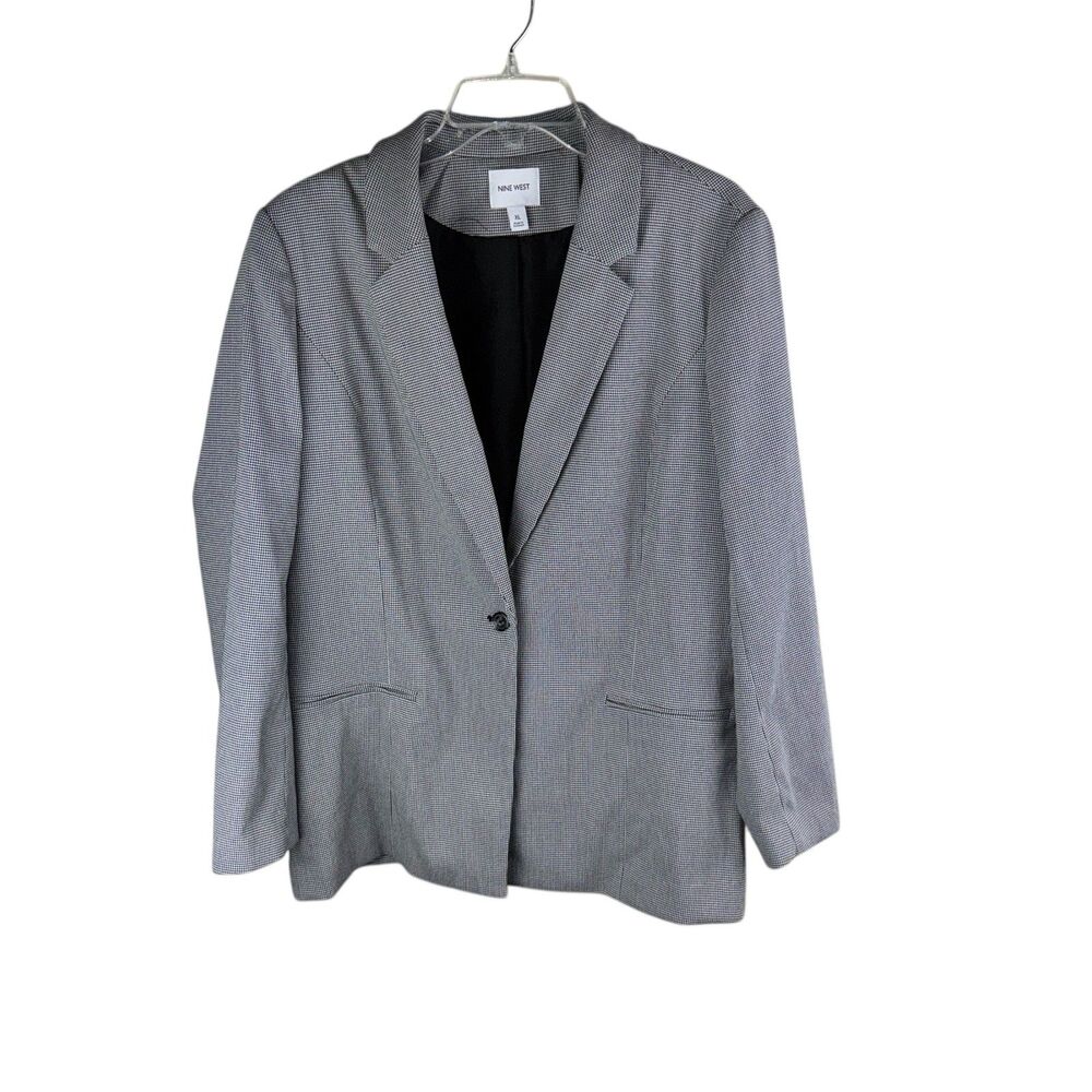 Nine West Womens The Relaxed Blazer XL‎ Houndstooth Black Gray Preppy NEW